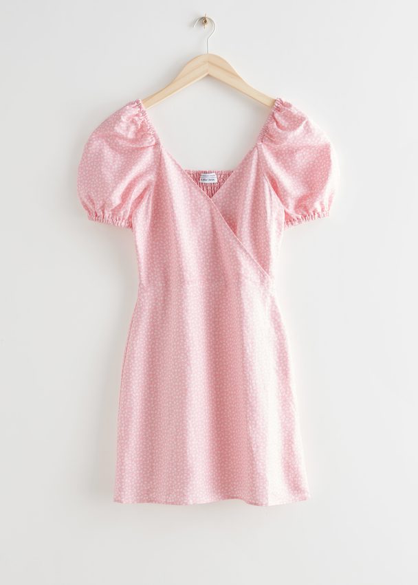 & Other Stories Fitted Puff Sleeve Mini Dress Pink Print