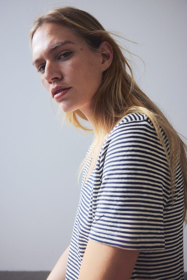 H&M Linen-blend T-shirt Navy Blue/striped