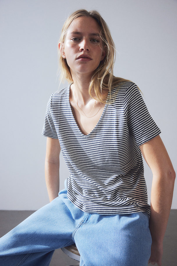 H&M Linen-blend T-shirt Navy Blue/striped