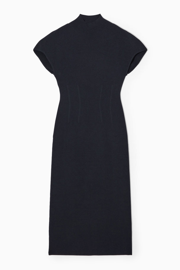 COS High-neck Knitted Corset Midi Dress Navy