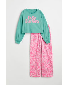 Printed Cotton Jersey Pyjamas Turquoise/easy Sundays