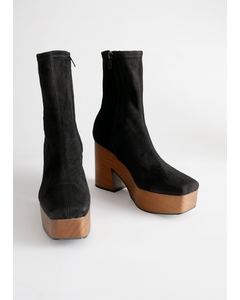 Suede Wooden Platform Boots Black