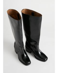 Square Toe Knee High Leather Boots Black