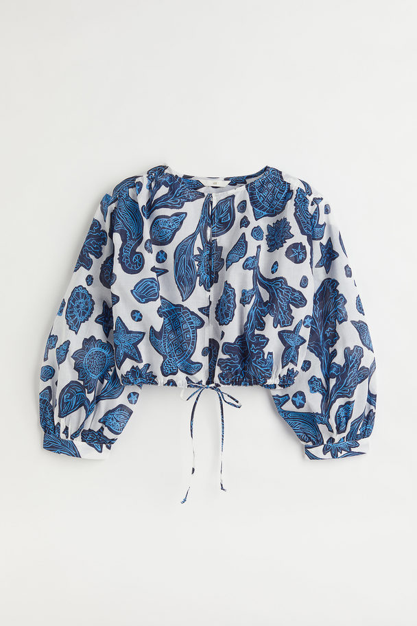 H&M Short Cotton Blouse Dark Blue/patterned