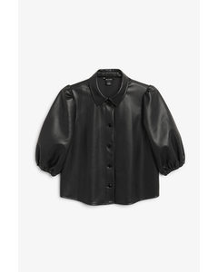 Faux Leather Puff Sleeve Top Black