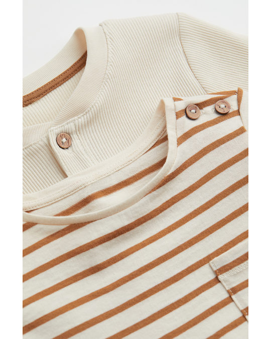 H&M 2-pack Jersey Tops Light Beige/striped