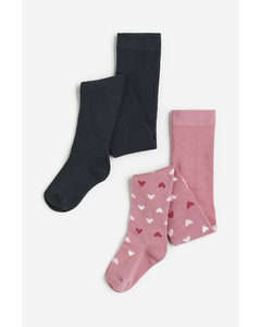 2-pack Fine-knit Tights Pink/hearts