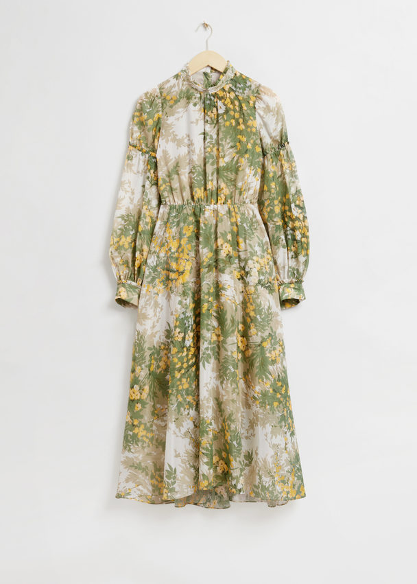 & Other Stories High Neck Open-back Flared Dress Light Beige/green Floral Print