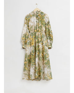 High Neck Open-back Flared Dress Light Beige/green Floral Print