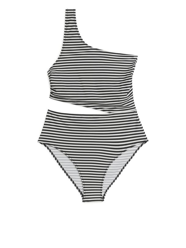 ARKET Cut-out One-shoulder Swimsuit Off White/black