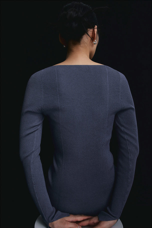 H&M Square-neck Rib-knit Dress Pigeon Blue