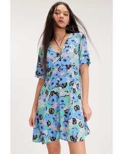 Mini-jurk Met V-hals Blauwe Bloemen