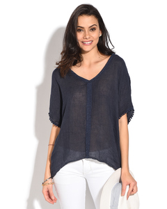 Women Semi-transparent Top With V-neck And English Lace