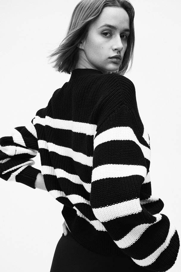 H&M Rib-knit Cardigan Black/white Striped
