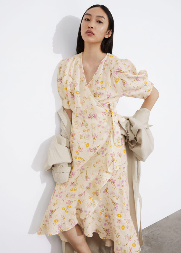 & Other Stories Linen Wrap Midi Dress Yellow/pink Florals