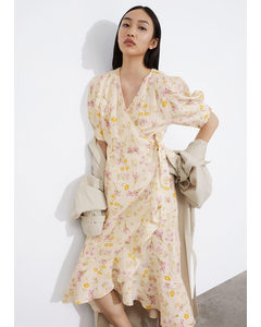 Linen Wrap Midi Dress Yellow/pink Florals
