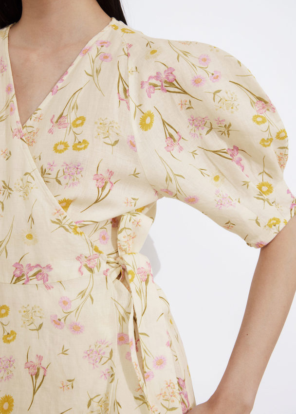 & Other Stories Linen Wrap Midi Dress Yellow/pink Florals
