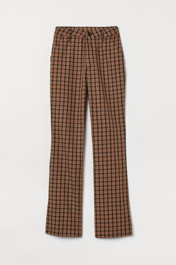 H&M Slit-detail Flared Trousers Brown/checked