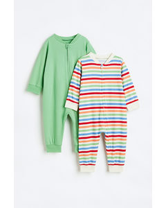 2-pack Patterned Cotton Pyjamas Green/striped