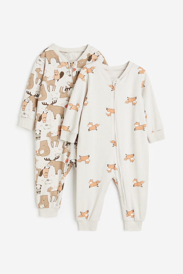 H&M Set Van 2 Katoenen Pyjama's Met Dessin Lichttaupe/dieren
