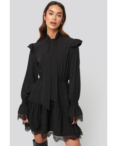 Smocked Flounce Lace Detail Dress Black