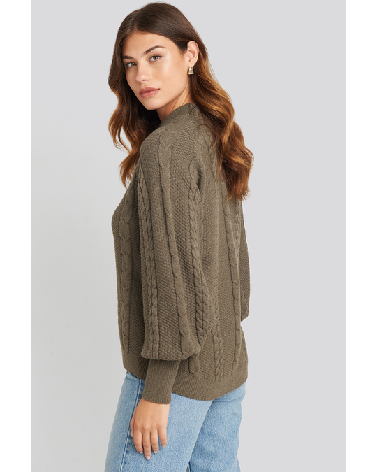 NA-KD Balloon Sleeve Cable Knitted Sweater Brown