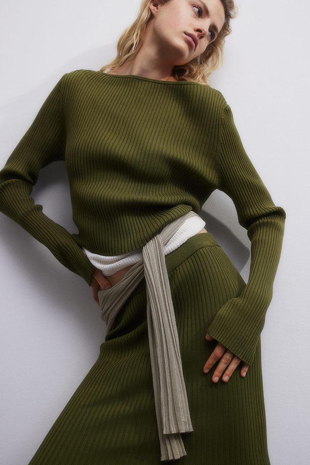 H&M Rib-knit Skirt Dark Khaki Green