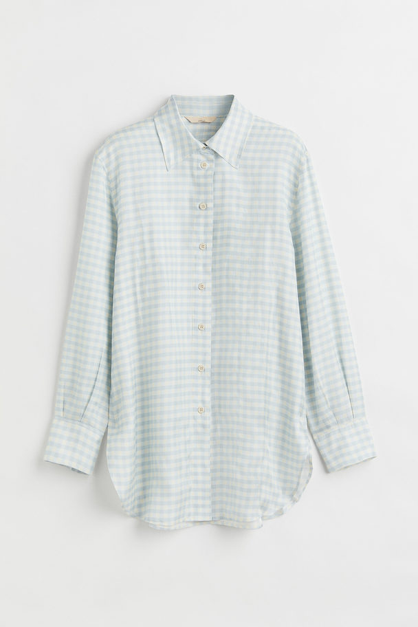 H&M Silk-blend Twill Shirt Light Blue/checked