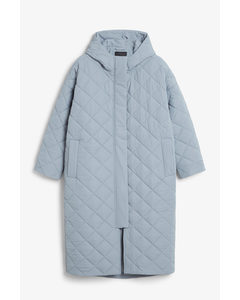 Blue Long Quilted Coat Dusty Light Blue