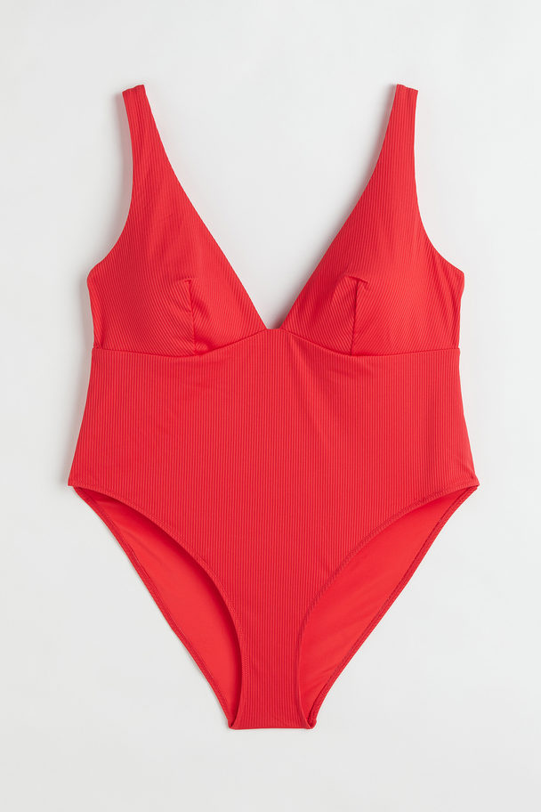 H&M H&m+ High-leg Ribbed Swimsuit Bright Red