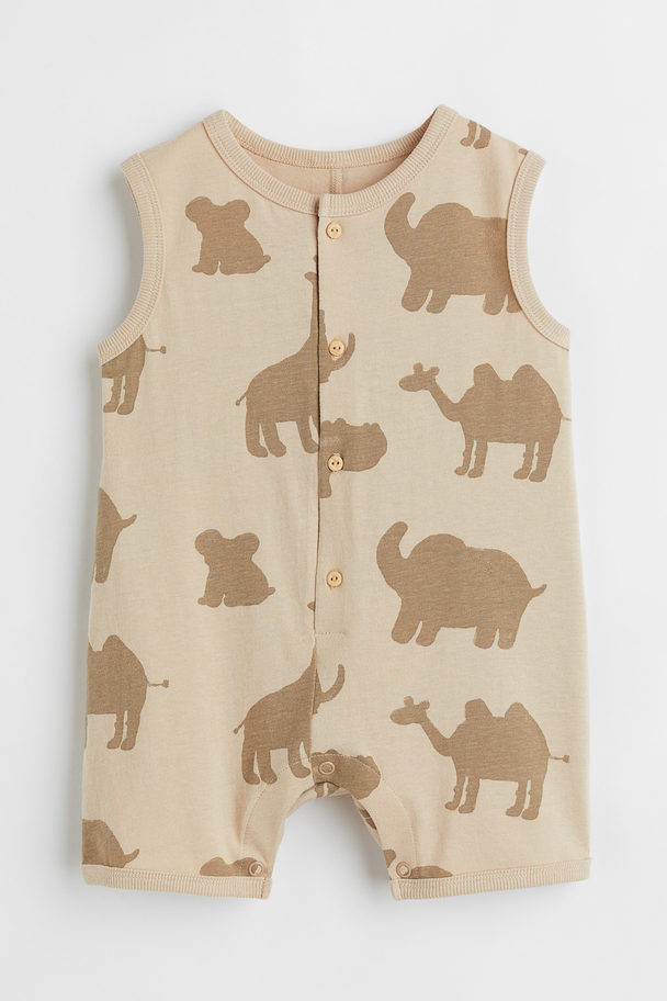 H&M Patterned Cotton Romper Suit Beige/animals