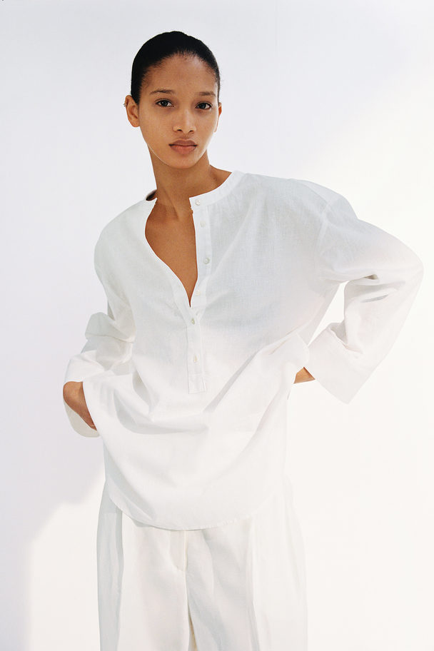 H&M Linen-blend Popover Shirt White
