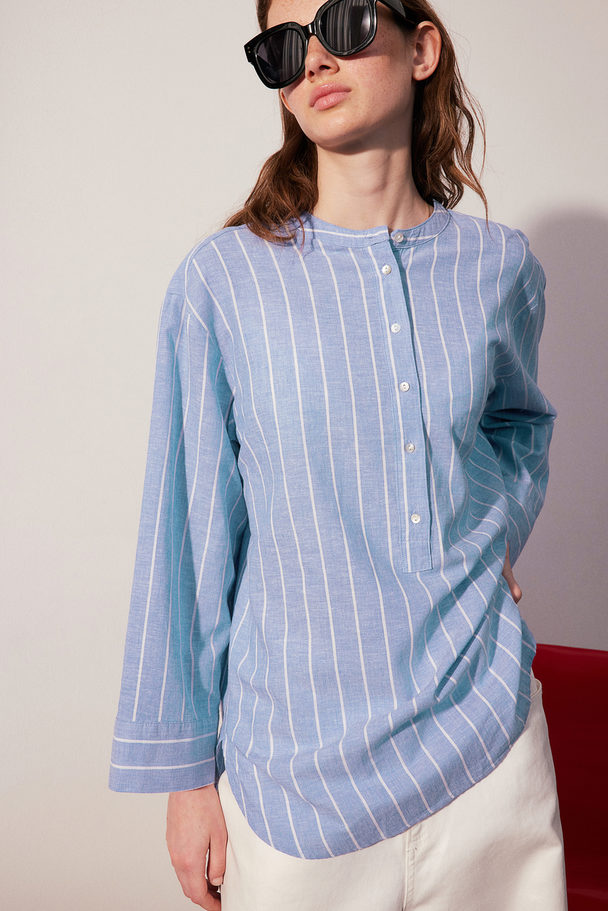 H&M Popover-Bluse aus Leinenmix Blau/Gestreift