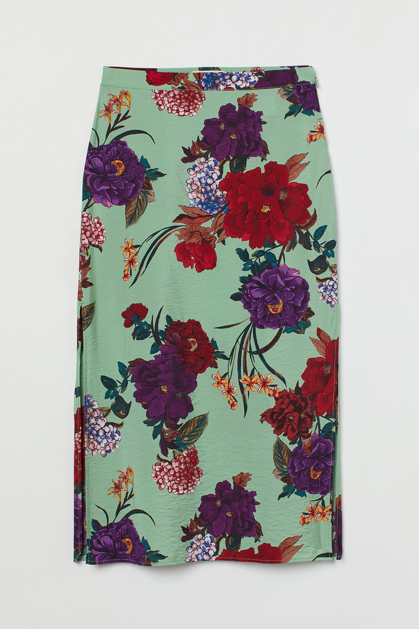 H&M Side-slit Satin Skirt Light Green/floral