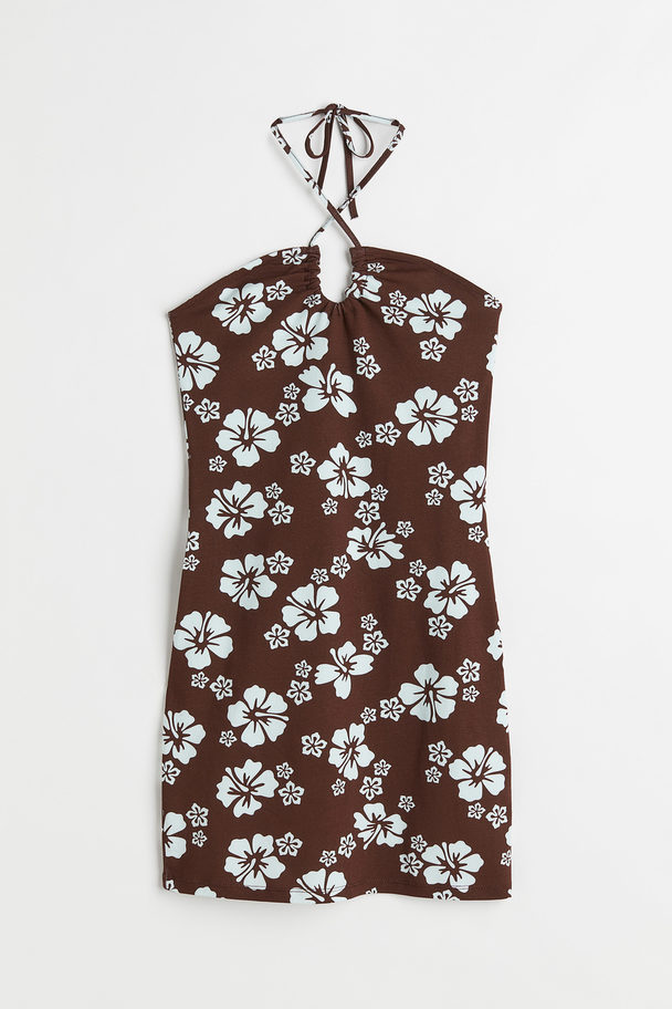 H&M Halterneck Dress Dark Brown/tropical Flowers