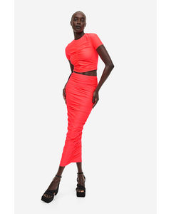 Satin Ruched Maxi Skirt Fiery Coral