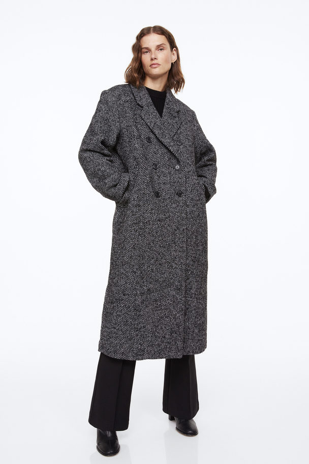 H&M Double-breasted Wool-blend Coat Black/striped