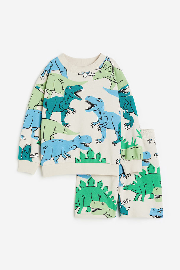 H&M 2-piece Sweatshirt Set Light Beige/dinosaurs