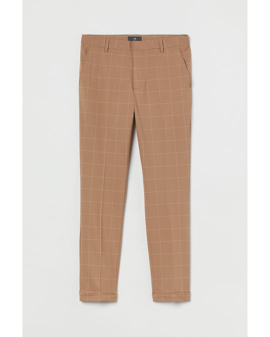 H&M Skinny Fit Cropped Trousers Dark Beige/checked