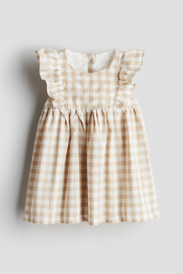 H&M Flounce-trimmed Cotton Dress Beige/checked