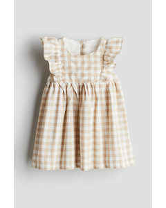 Flounce-trimmed Cotton Dress Beige/checked