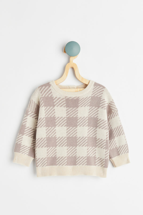 H&M Jacquard-knit Cotton Jumper Greige/checked