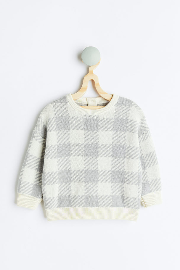 H&M Jacquard-knit Cotton Jumper Light Grey/checked