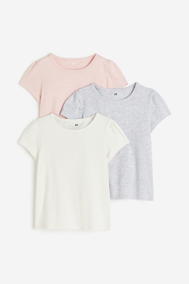 H&M 3-pack Puff-sleeved Tops Light Grey Marl/light Pink