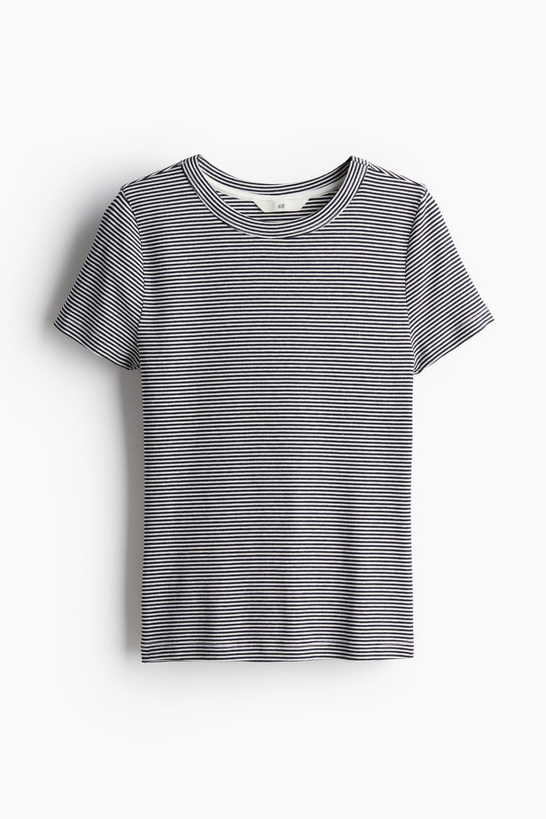 H&M Ribbed Modal-blend T-shirt Navy Blue/striped