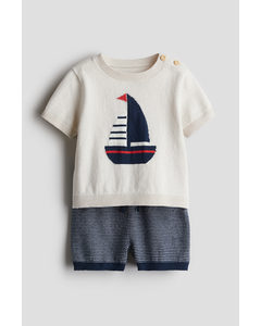 2-piece Knitted Top And Shorts Set Cream/boat