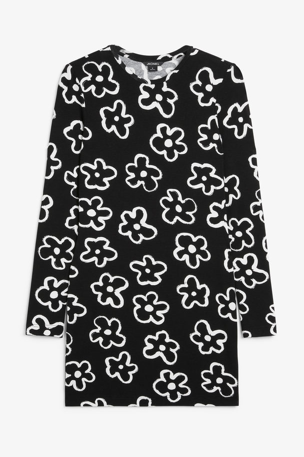 Monki Long Sleeved Jersey Mini Dress Black With White Flowers