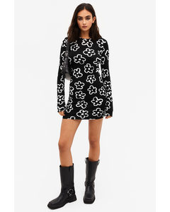 Long Sleeved Jersey Mini Dress Black With White Flowers