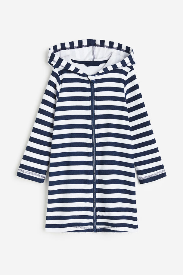 H&M Printed Terry Dressing Gown Navy Blue/striped