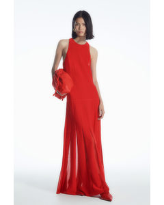 Pleated Racer-neck Maxi Dress Red